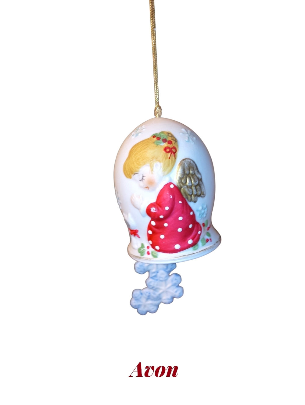 Avon Red Polka-Dot Angel Bell Ornament with Gold Wings